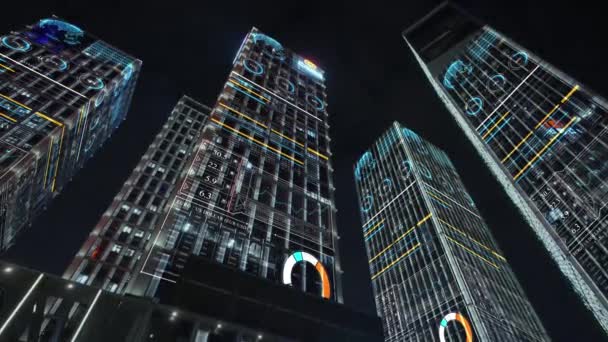 Bottenvy Bilder Affärsbyggnader Framför Natthimlen Med Teknisk Effekt — Stockvideo