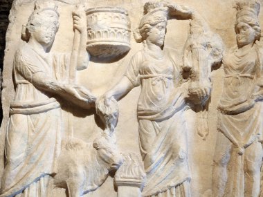 ancient Greek bas-reliefs of the Byzantine era in the temples of the ancient city of Hierapolis close-up