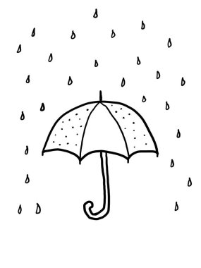 polka dot umbrella in the rain, black and white illustration.