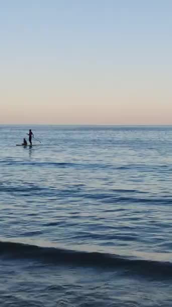 Sylwetki Mężczyzny Kobiety Desce Surfingowej Pływających Morzu Zachodzie Słońca — Wideo stockowe