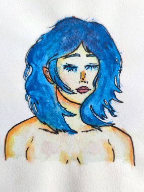 Beyaz arka planda mavi saçlı kız..