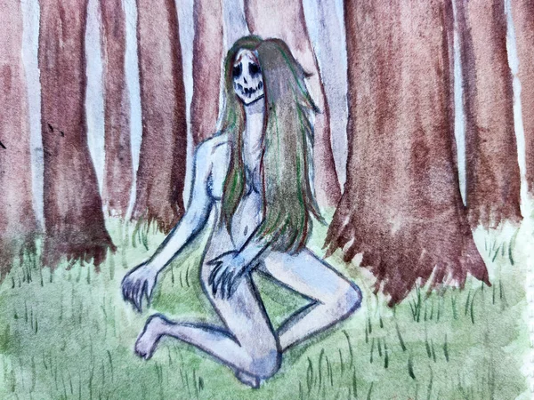 Smiling Evil Forest Witch Kikimora Long Dirty Hair Sits Naked — Stock Photo, Image