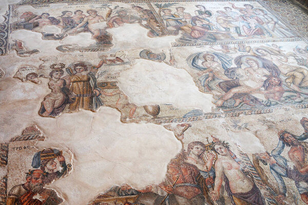 ancient floor mosaic in the Historical Park in Paphos, Cyprus.