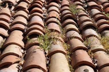 Eski seramik fayanslar çatıda çimlerle kaplanmış.