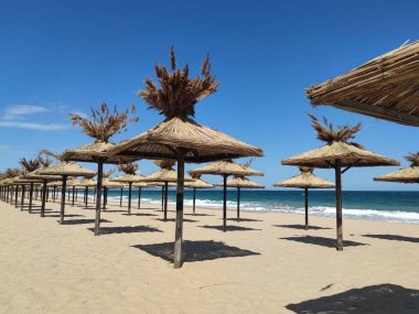 Sazdan sıralanmış plaj şemsiyeleri ve gölgeleri deniz ufkunun zeminine karşı boş kumlu bir sahilde..