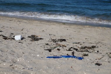 Çevre kirliliği. Kumlu bir sahilde çöp..