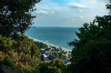 Yukarıdan deniz manzarası. Güzel okyanus. Gemi. Yaz. ağaç taçları