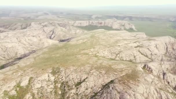 ドローンは中央アジアの山間部の乾燥した峡谷を飛行しています 緑の植生を持つ春の滑らかな岩 — ストック動画