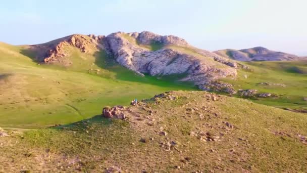 Drone Flies High Stream Juicy Grass High Mountains Central Asia — Stock video
