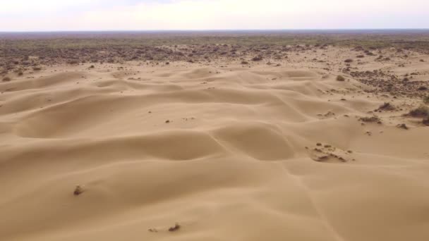 砂漠の砂丘の上を飛行する カザフスタンのKyzyl Kum砂漠の美しいトップビュー日の出 中央アジアの東洋の風景 水のない無生命乾燥地帯 — ストック動画