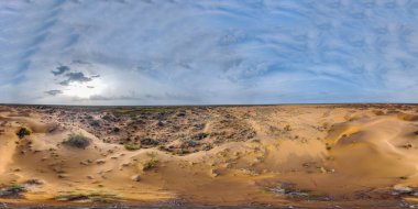 Panorama 360 of the desert in spring from a bird's eye view. Sand dunes in the Kyzylkum desert. Soft lighting in cloudy weather before rain