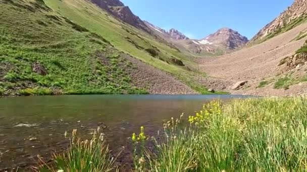 观赏Aksujabaglinsky保护区的风景秀丽的湖景 夏季的高山间的湖景 高高地的莫兰小湖景 还有美丽的翡翠水 — 图库视频影像