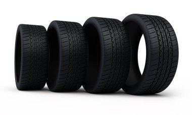 3d render otomobil lastikleri toplandı (beyaz ve kırpma yolunda izole edildi)