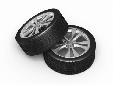 Otomobil lastikleri ve tekerlekleri oluşturur (beyaz ve kırpma yolunda izole edilir))