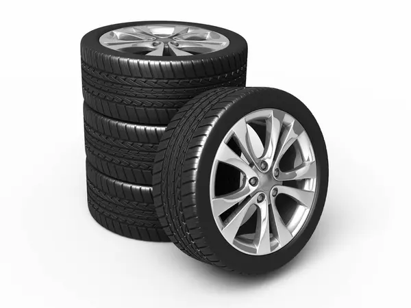 Otomobil lastikleri ve tekerlekleri oluşturur (beyaz ve kırpma yolunda izole edilir))