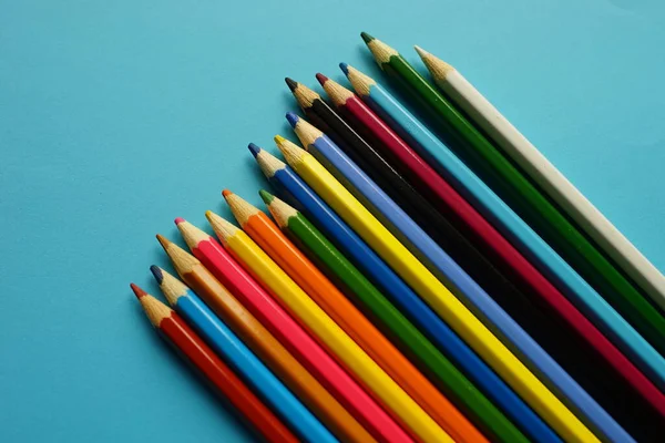 Set Colored Pencils Blue Table — Stock Photo, Image