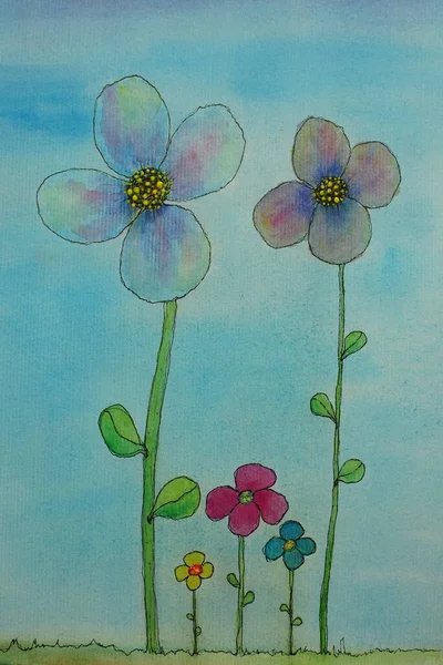 Watercolor flowers family on blue textured paper.