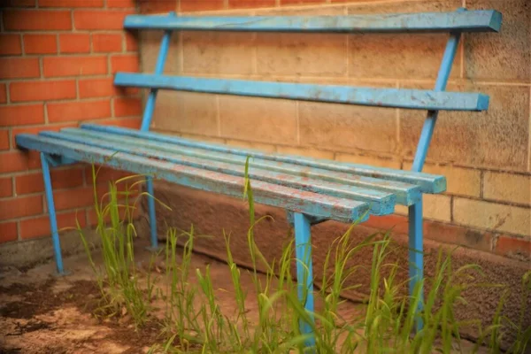 Blaue Holzbank Mit Schäbiger Farbe Steht Einem Hof Zwischen Zwei — Stockfoto