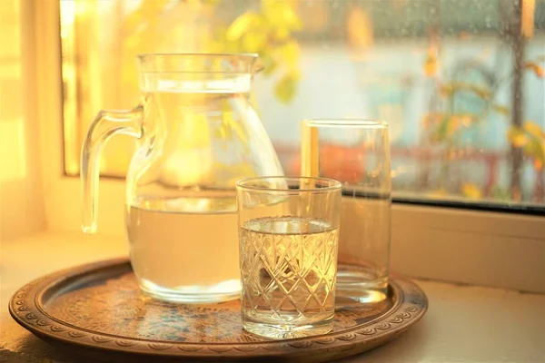 Jug Water Two Glasses Wooden Tray Windowsill — 스톡 사진