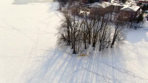 ドローンクレーンビューは Eustache近くの凍った川の真ん中に小さな島の近くに来ています — ストック動画