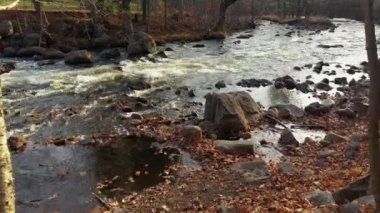 Drone görüntüsü yavaşça ağaçların arasından Brownsburgh-Chatham 'daki nehrin akıntılarına doğru ilerliyor.
