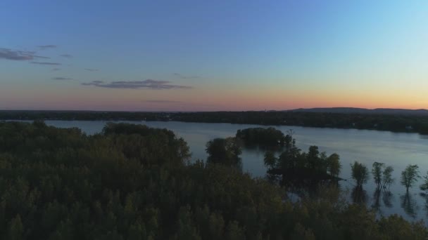 木々の後ろを飛ぶ美しい夕日の空中風景 — ストック動画