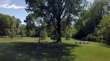 Alçak irtifa hava manzarası parkın güzelliğini gösteriyor. Olgun ağaçlar ve piknik masaları var..