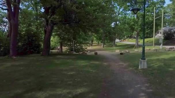 Drohne Fliegt Über Eine Grünfläche Einem Park Mit Lichtern Und — Stockvideo