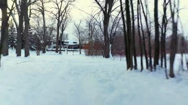 Voando Rapidamente Para Trás Sobre Pegadas Deixadas Neve Branca Caminho — Vídeo de Stock