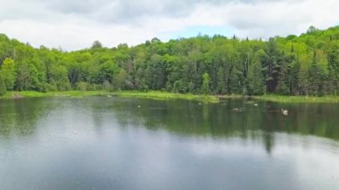 Havanın ortasındaki drone görüntüsü sakin bir gölün üzerinde yavaşça geri geri geri geri giderken güzel bir yaz gününde sudaki güzel gökyüzünün yansımasını gösteriyor.