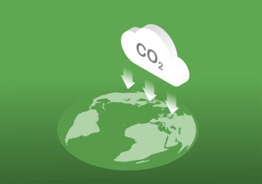CO2 nötr. Sıfır emisyon konsepti. Dünyaya karbondioksit salınımının azaltılması. İzometrik bulut çizimi. Vektör illüstrasyonu.