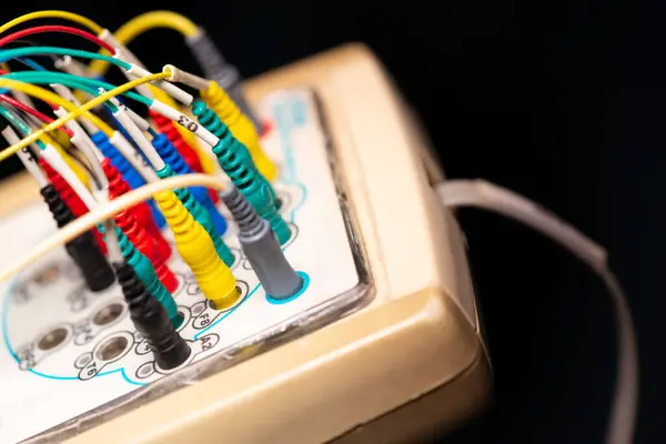 stock image Close-up of colorful electrode wires plugged into an EEG (electroencephalography) device, used for monitoring brain activity. 