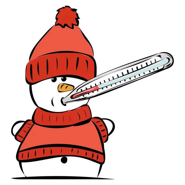 A snowman with a thermometer in his mouth