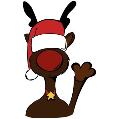 Noel Baba şapkasıyla ren geyiği sallıyor.