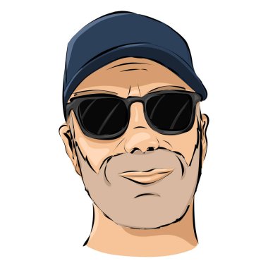 Sakallı, şapkalı ve güneş gözlüklü adam.