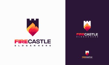 Fire Castle logosu konsept vektörü, Fire Shield logo şablon simgesi dizayn etti