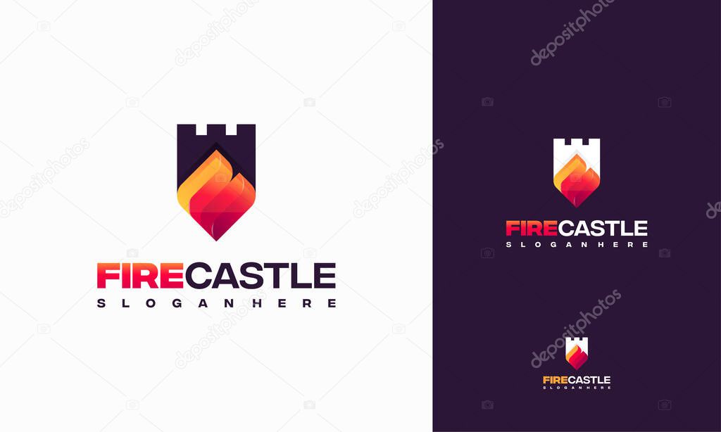 Fire Castle logo designs concept vector, Fire Shield logo template icon