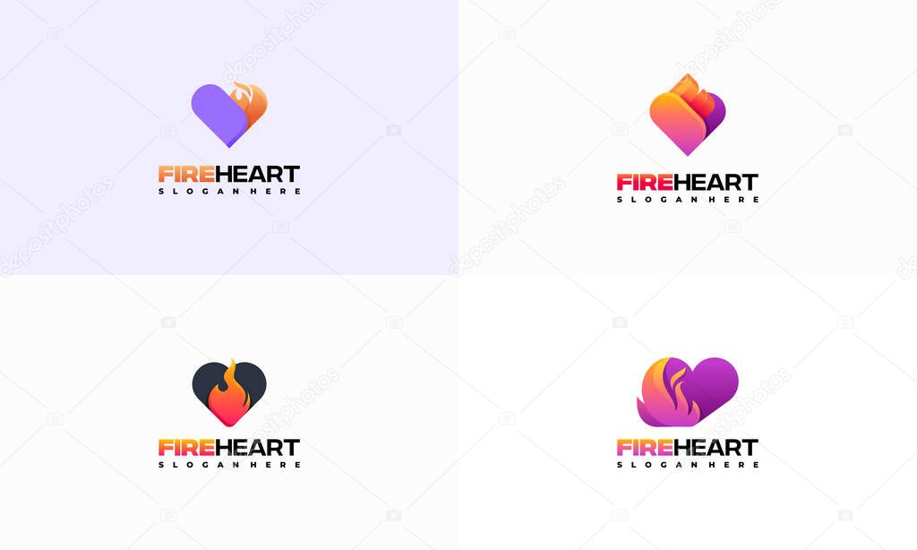 Set of Fire Heart Logo designs concept vector, Love Fire logo symbol icon