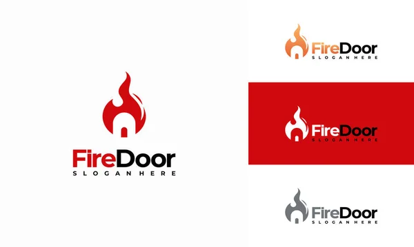 火災ドアのロゴデザインコンセプトベクトル ドアと火災のシンボルロゴ — ストックベクタ