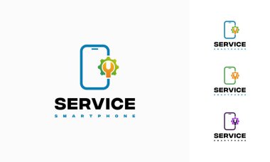 Telefon Servisi logosu konsept vektörü, Telefon Gear ve İngiliz logo simgesi simgesi dizayn etti