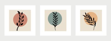 Botanik duvar sanat vektörü ayarlandı. Soyut şekilli yaprak çizimi. Baskı, kapak, duvar kağıdı, asgari ve doğal duvar sanatı için soyut bitki sanatı tasarımı. Vektör illüstrasyonu.