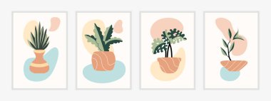 Botanik duvar sanat vektörü ayarlandı. Soyut şekilli yaprak çizimi. Baskı, kapak, duvar kağıdı, asgari ve doğal duvar sanatı için soyut bitki sanatı tasarımı. Vektör illüstrasyonu.