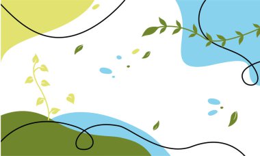 Soyut arka planlar. Elle çizilmiş çeşitli şekiller, yapraklar, noktalar, damlalar. Web ve mobil uygulama için sosyal medya afişi şablonu, çizgi sanatı arka plan tasarımı