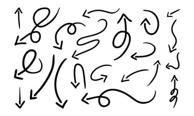 El çizilmiş vektör eğimli oklar kümesi. Çizim stili. İşaretçi koleksiyonu