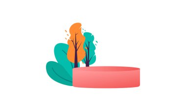 Hello Autumn minimal background with autumn yellow, orange leaves and product podium. Fall leaves background for the design of Fall banners, posters, advertisements, cards, sales