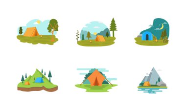 Set of Sunny day landscape illustration in flat style with tent, campfire, mountains, forest and water. Background for summer camp, nature tourism, camping or hiking design concept.