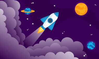 Bulutların üzerinde uçan bir roket fırlatıldı. Uzay gemisi duman bulutları içinde. İş konsepti. Şablonu başlat. Yatay arkaplan. Basit modern çizgi film tasarımı. Düz biçim vektör illüstrasyonu.