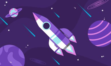 Bulutların üzerinde uçan bir roket fırlatıldı. Uzay gemisi duman bulutları içinde. İş konsepti. Şablonu başlat. Yatay arkaplan. Basit modern çizgi film tasarımı. Düz biçim vektör illüstrasyonu.