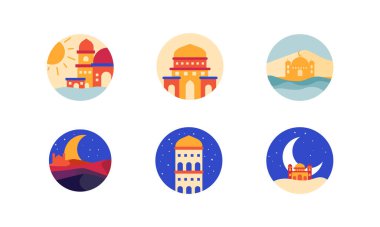 Set of Modern Ramadan flat mosque icon vector illustration design, this vector is suitable for icons, logos, illustrations, stickers, books, covers, etc