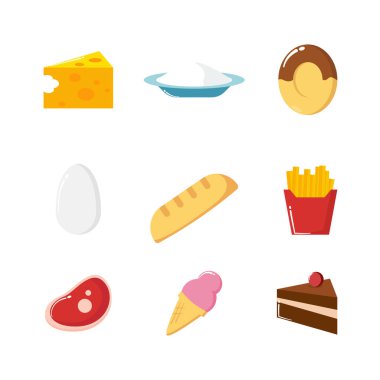 Set of Snack Icon Flat designs, Cheese, Donuts, Bread, French fries, beef, Ice cream, cake,